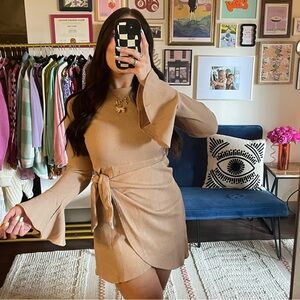Hello Molly Beige Waffle Knit Wrap Front Mini Dress